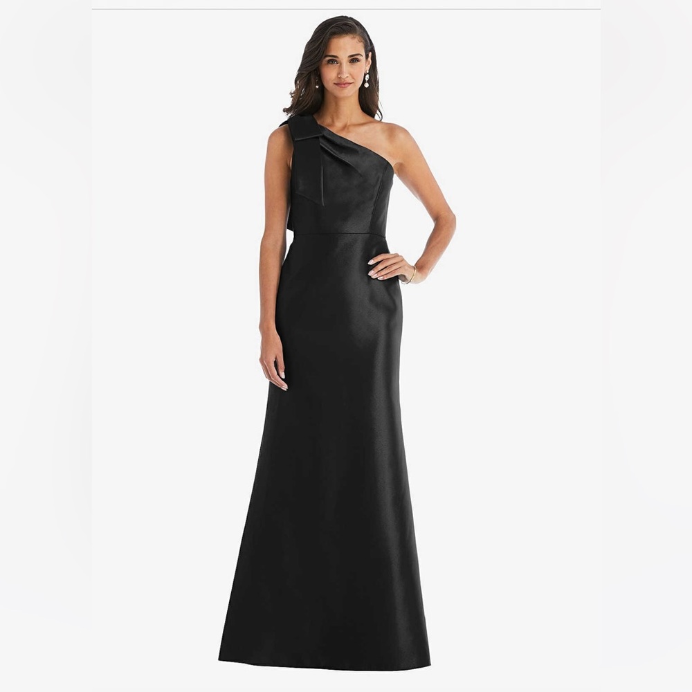 Alfred Sung D794 Bow One Shoulder Satin Gown In Black